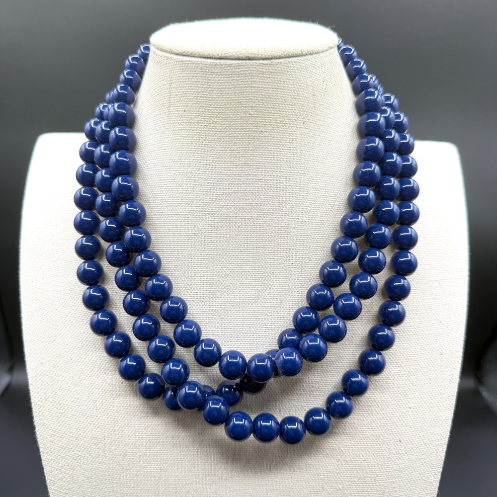 Cobalt Blue Beaded Multi Strand Statement Necklace Gold Tone Layered 3 Strand